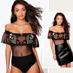 Black Mesh Off Shoulder Ruffle Bodysuit
